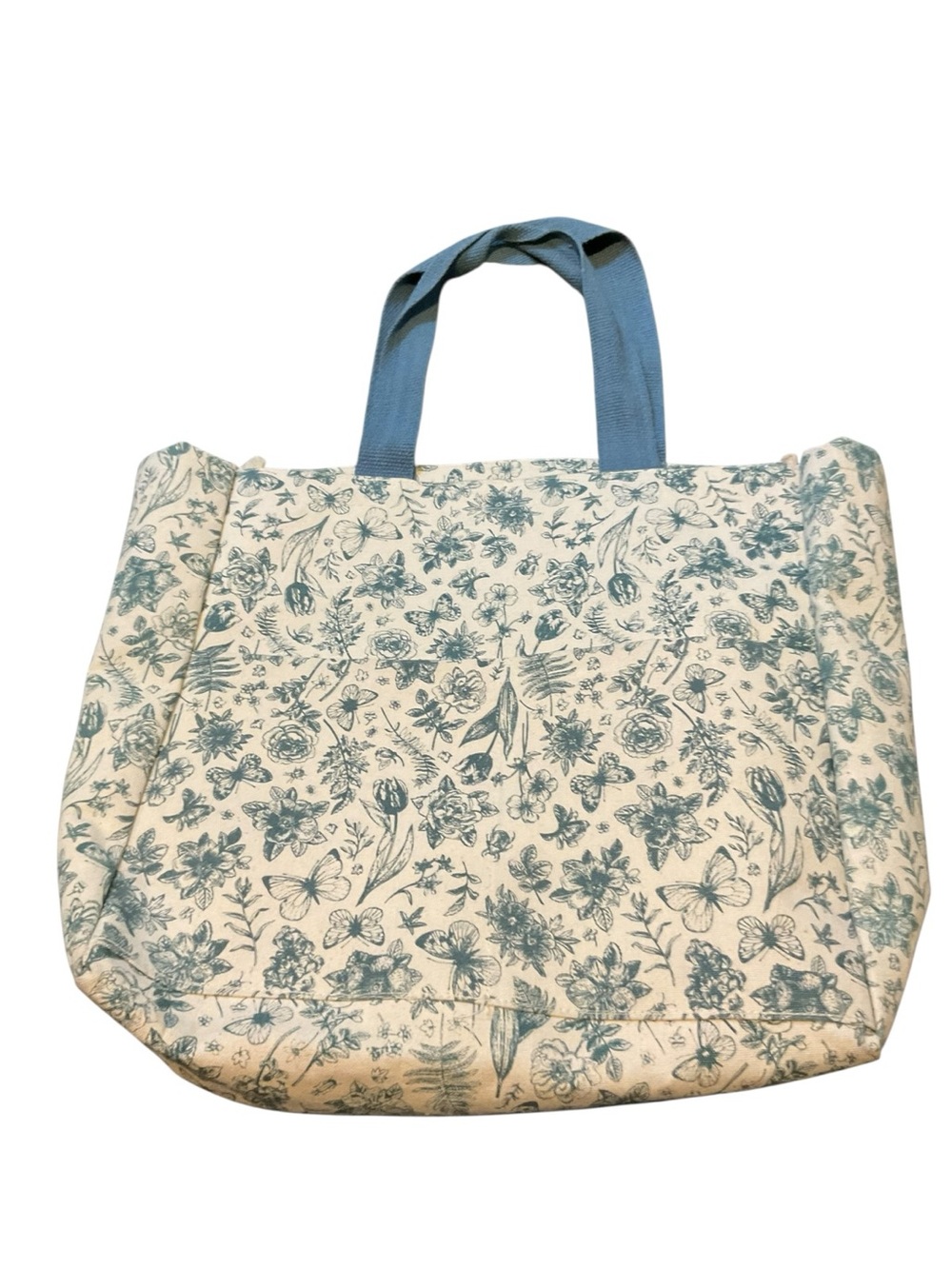 Source Unknown Blue Floral Canvas Tote with Blue Handles